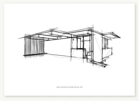 Black-and-white architectural sketch of Hailey Residence.