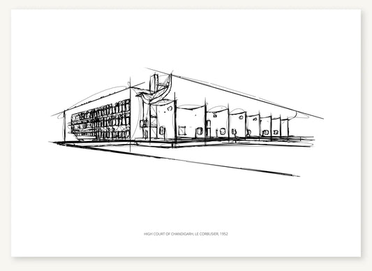 Black-and-white architectural sketch of High Court of Chandigarh.