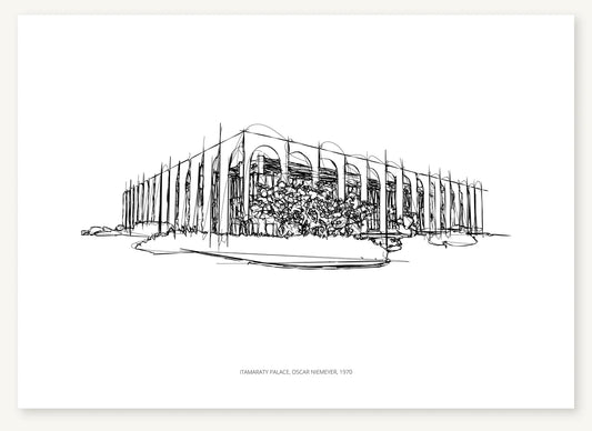 Black-and-white architectural sketch of Itamaraty Palace.