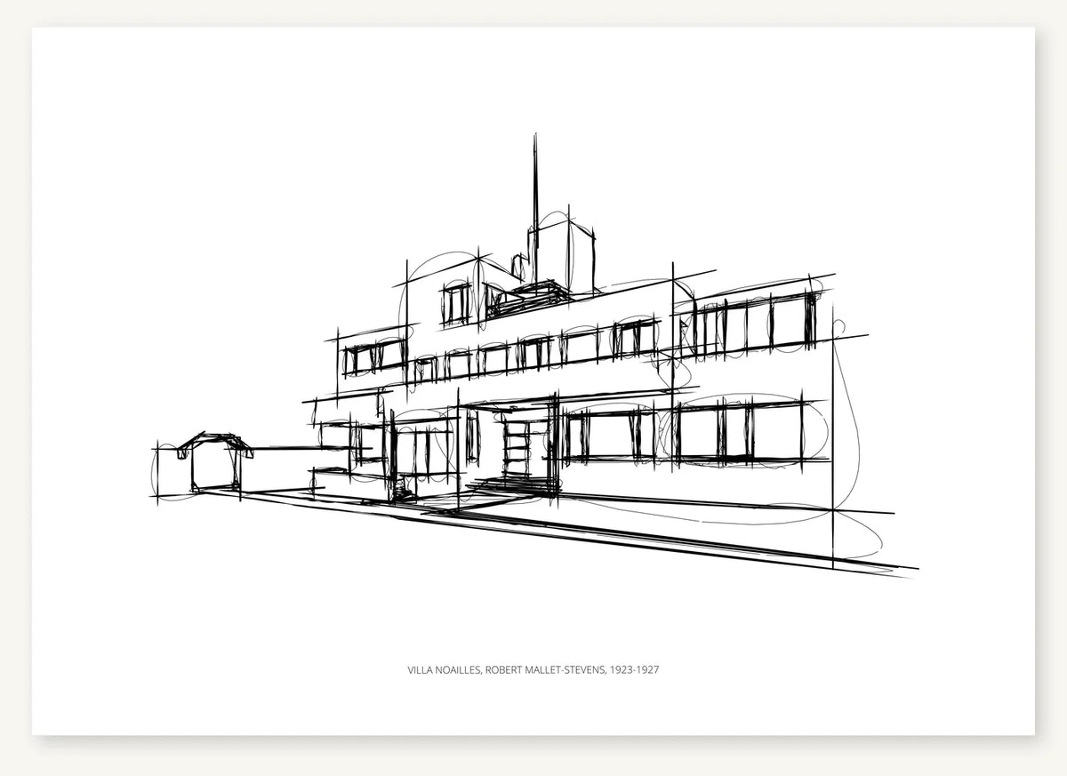 Black-and-white architectural sketch of Villa Noailles.