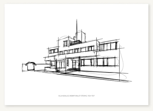 Black-and-white architectural sketch of Villa Noailles.