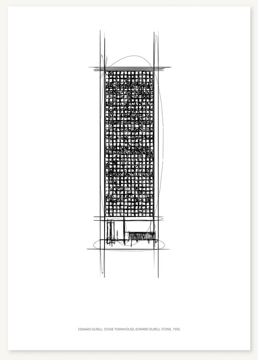 Black-and-white architectural sketch of Edward Durell Stone Townhouse.