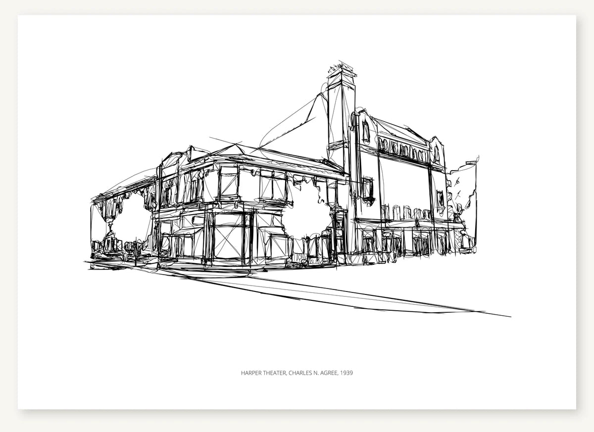 Black-and-white architectural sketch of Harper Theater.