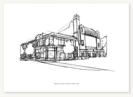 Black-and-white architectural sketch of Harper Theater.