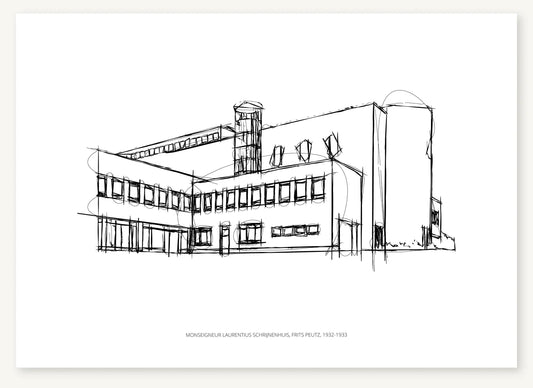 Black-and-white architectural sketch of Monseigneur Laurentius Schrijnenhuis.