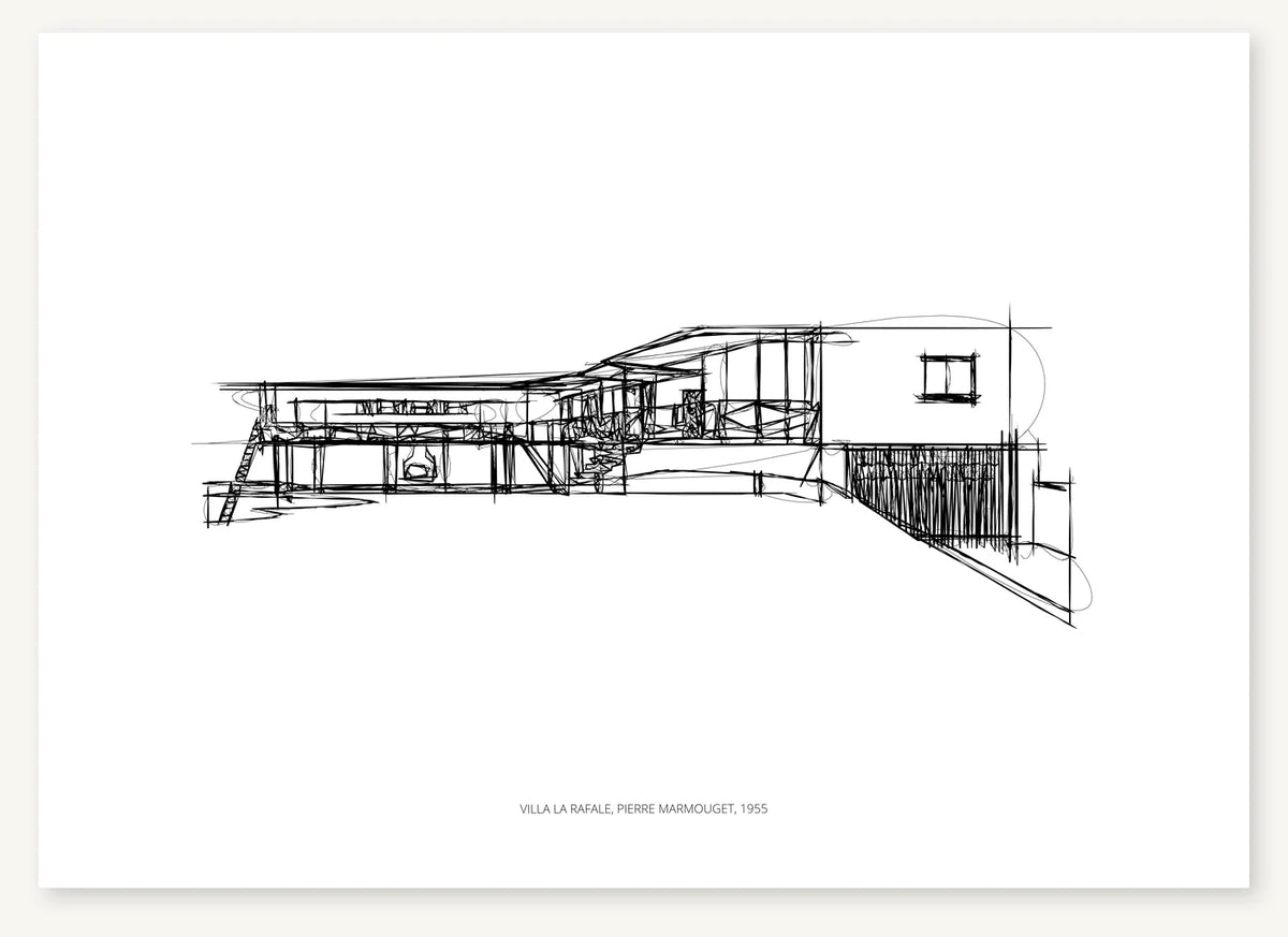 Black-and-white architectural sketch of Villa La Rafale.