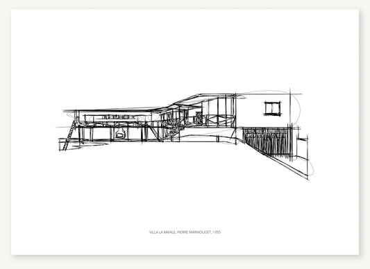 Black-and-white architectural sketch of Villa La Rafale.