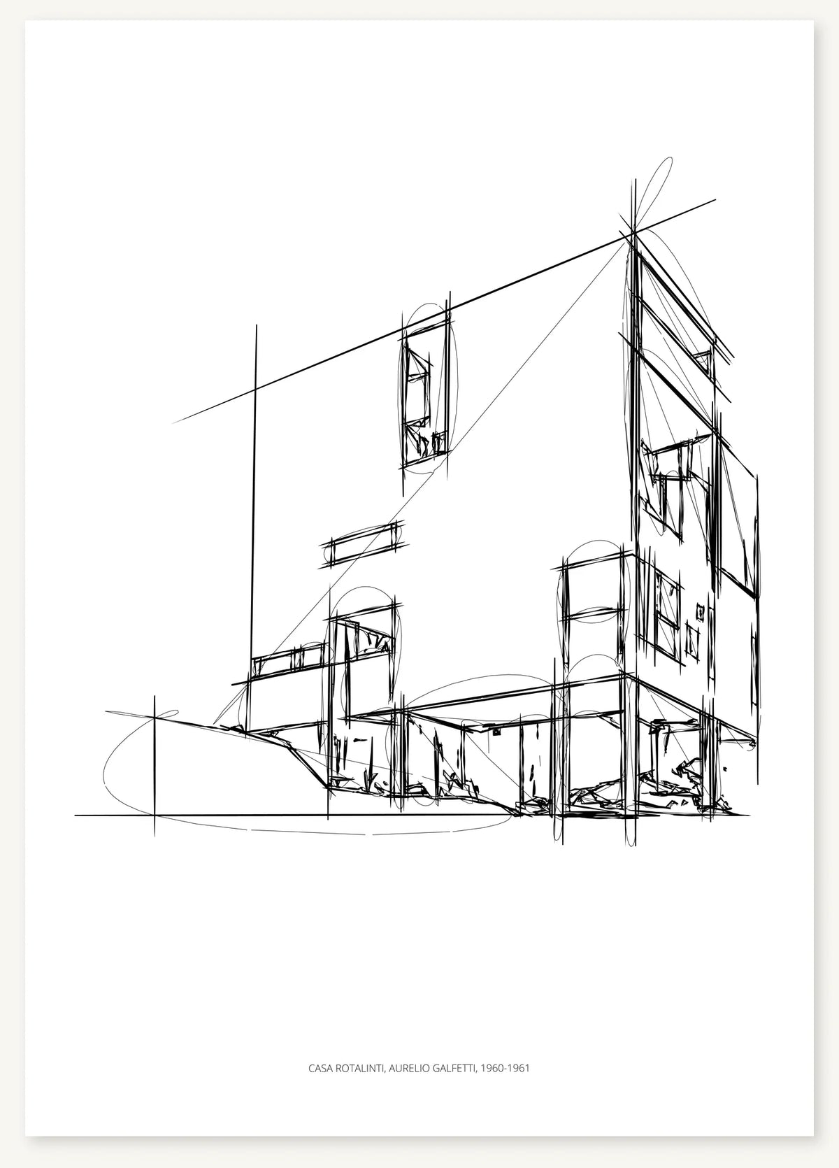 Black-and-white architectural sketch of Casa Rotalinti.