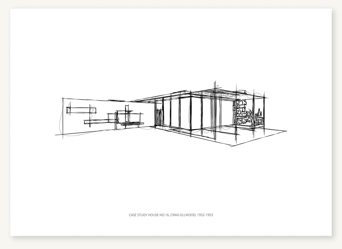 Black-and-white architectural sketch of Case Study House No.16.