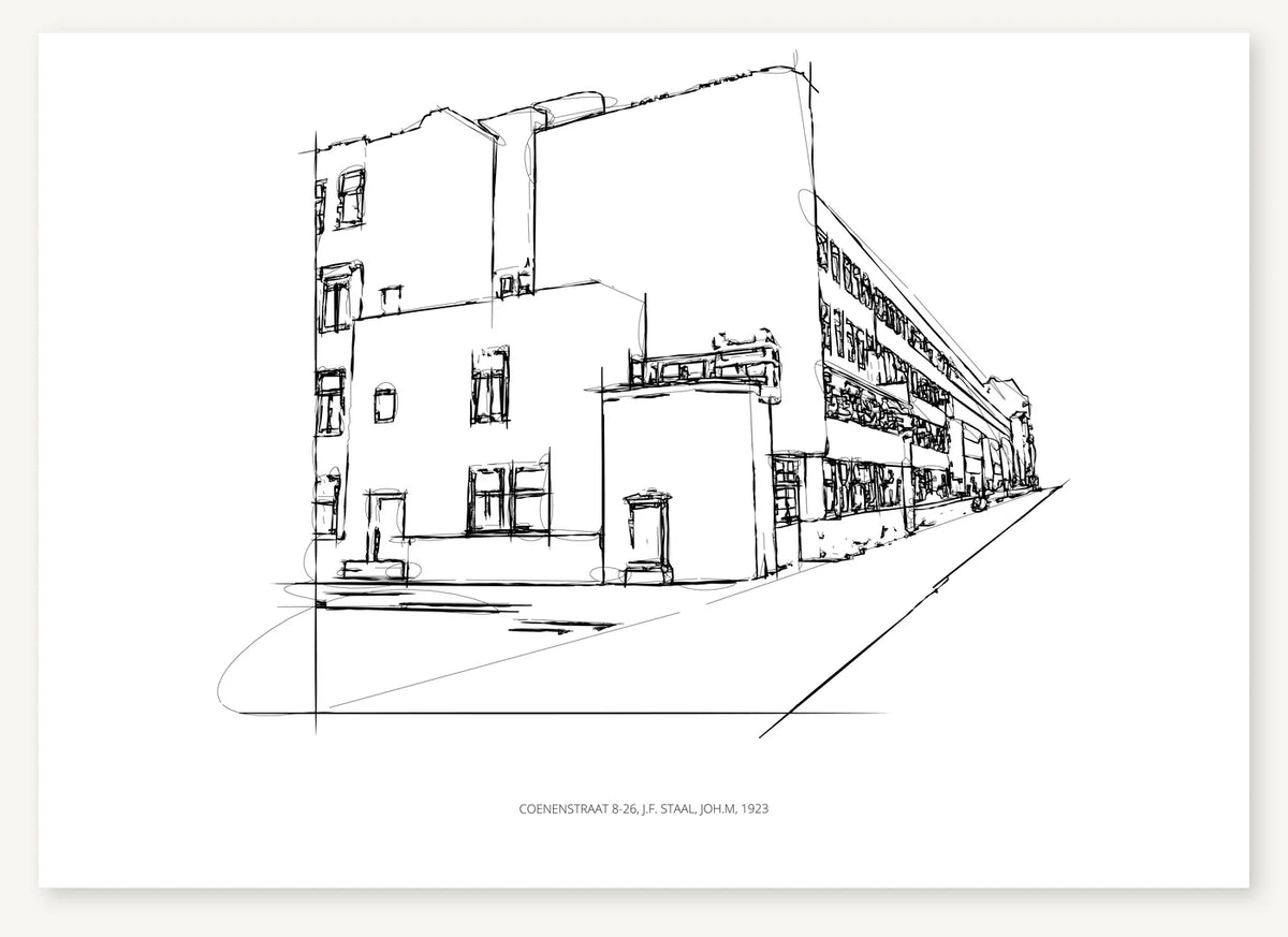 Black-and-white architectural sketch of Coenenstraat 8-26.